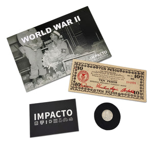 WW2 World Currency - 1 Banknote + 1 Silver Coin Used During The World War 2 (Philippines 1943-45) - MacArthur Returned as Promised - with Bags of Silver!, Certificate of Authenticity Included.