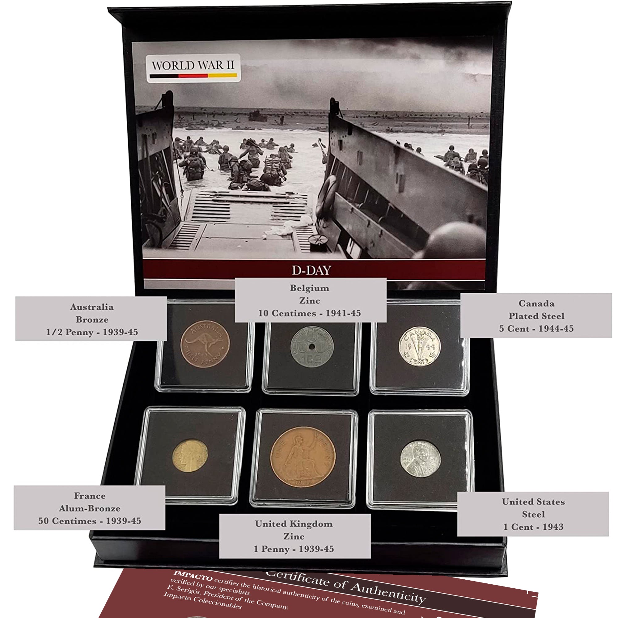Weltwährung des 2. Weltkriegs – 6 Münzen aus dem 2. Weltkrieg, D-Day-Kollektion (1944). Besondere Erinnerungsstücke aus dem 2. Weltkrieg für Sammler, Echtheitszertifikat inklusive.