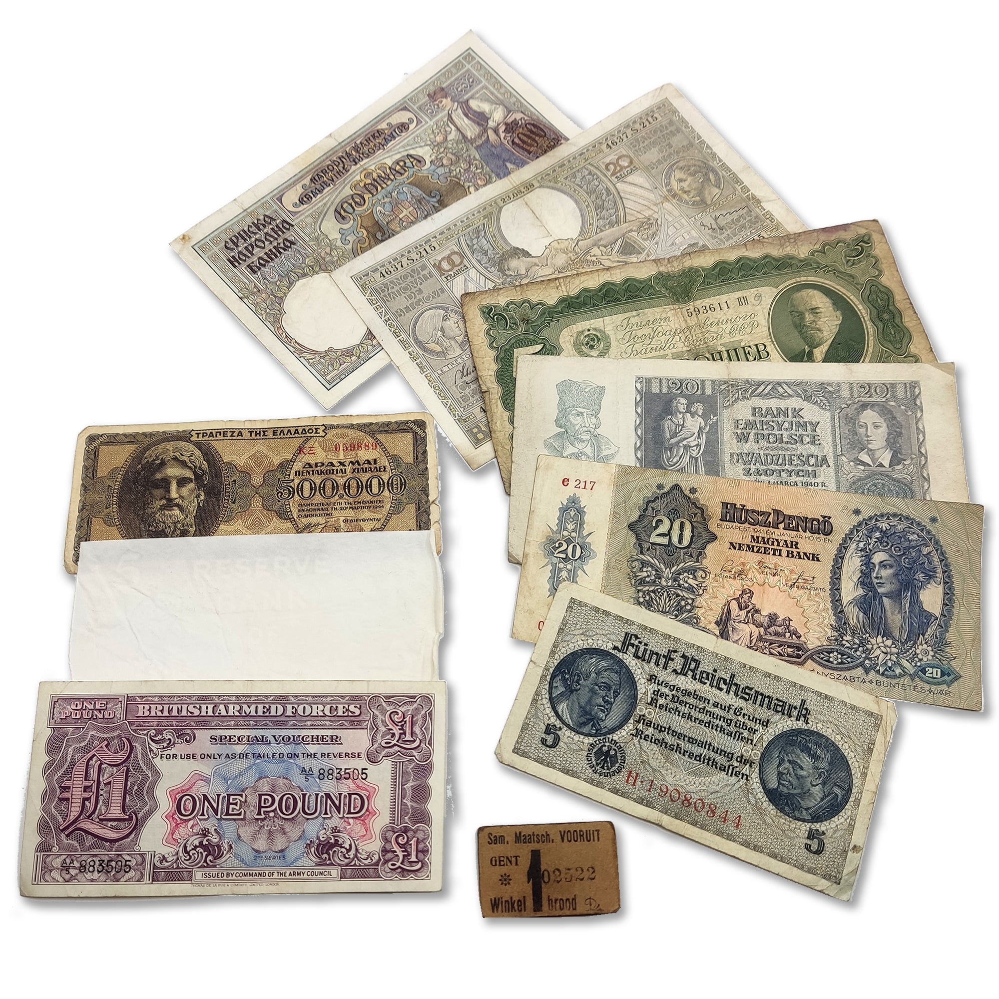 WW2 Original Banknotes: 10 Circulated Notes from Europe + Certificate