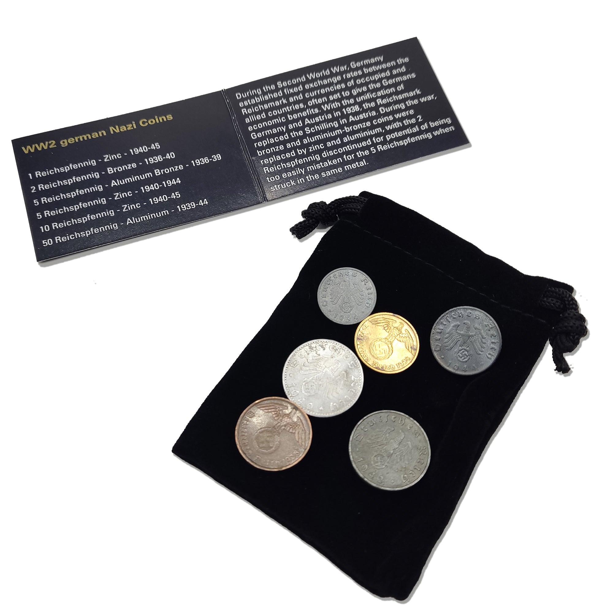 WW2 Nazi Coins Collection: 6 Coins Issued (1936-1945) in Velvet Bag