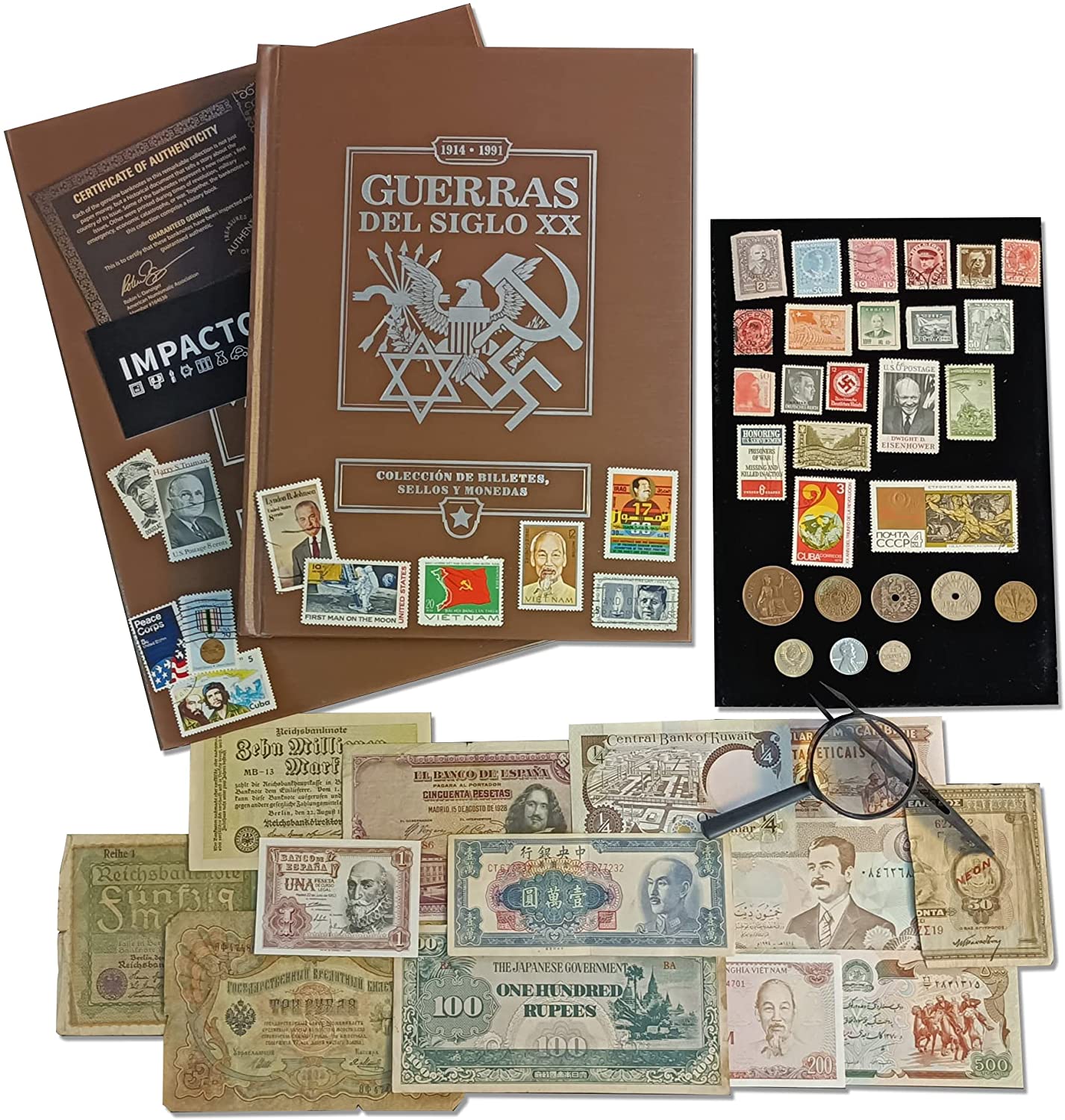 Collection of 52 original coins, stamps and banknotes of the 20th Century Wars (1914-1991)