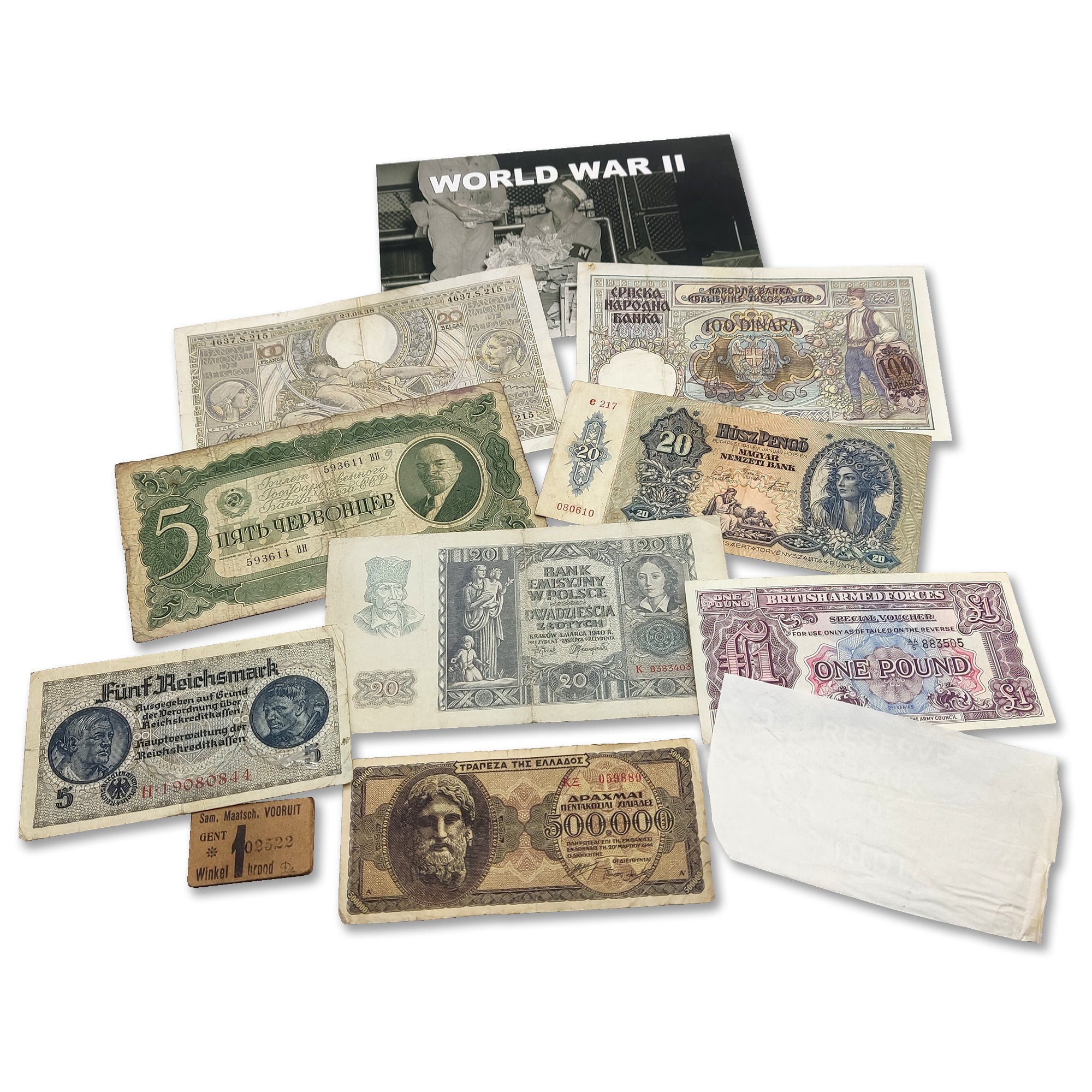 WW2 Original Banknotes: 10 Circulated Notes from Europe + Certificate