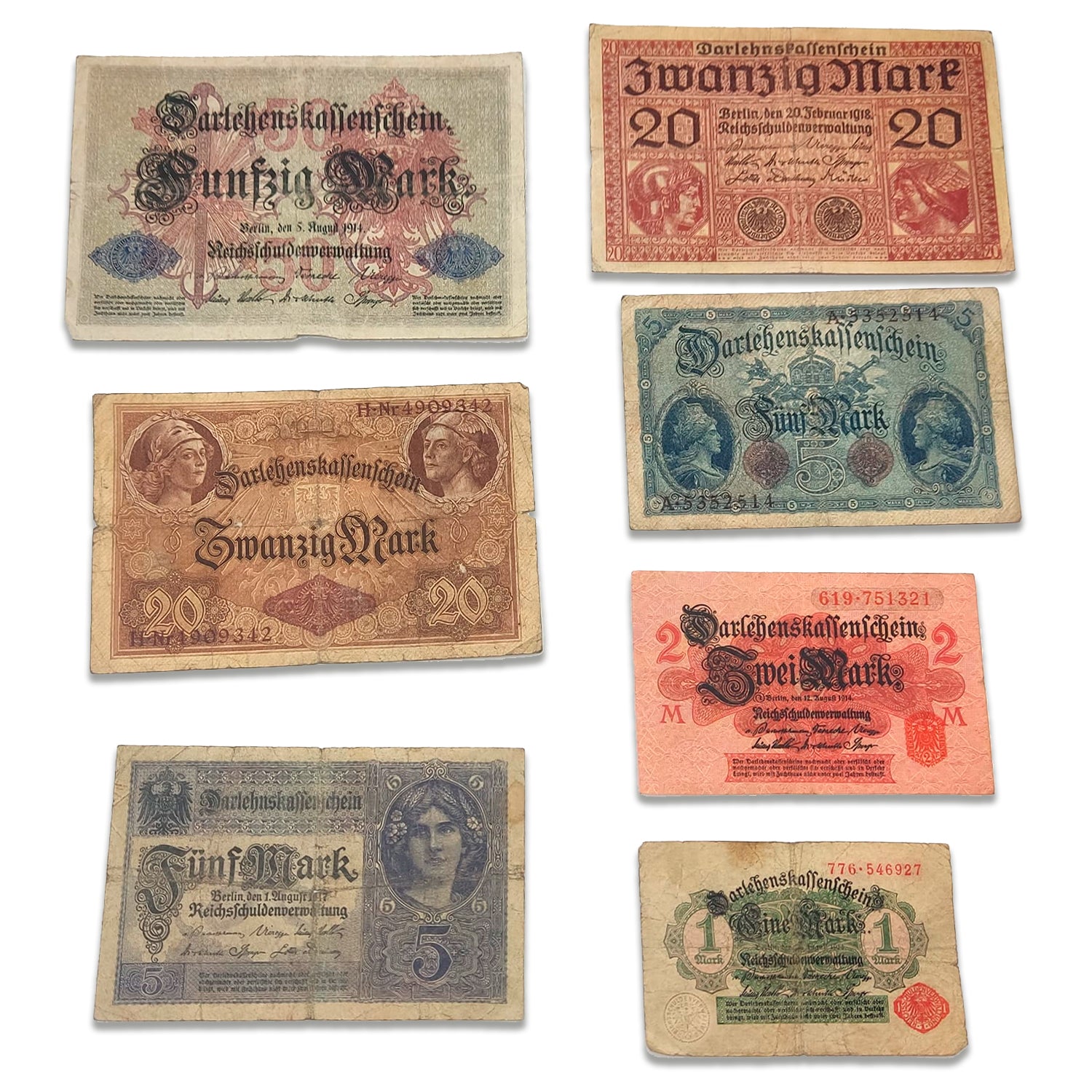 WWI German Empire Collection - 7 banknotes issued from 1914 to 1918. Certificate of Authenticity included