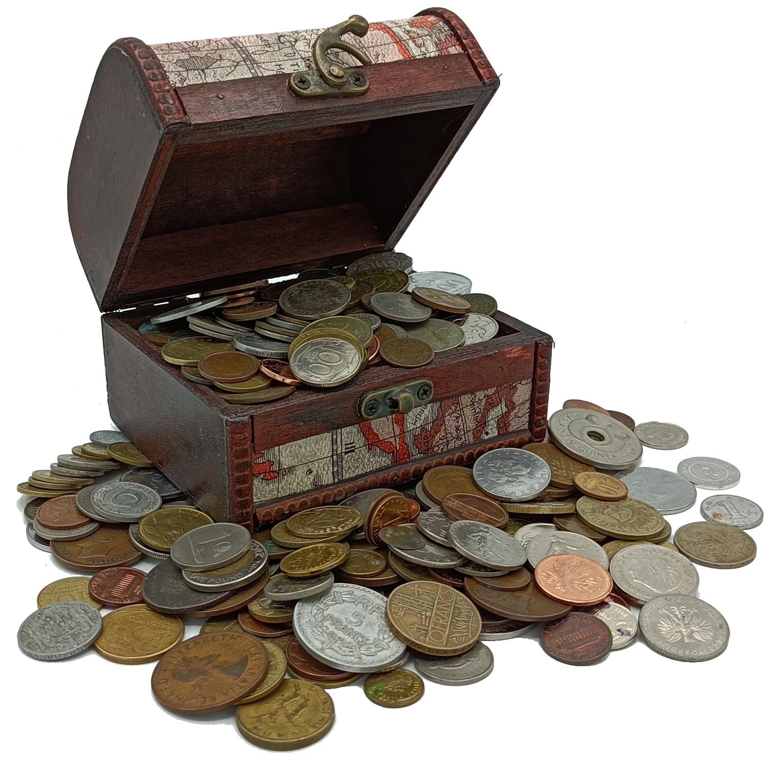 Coin Collection - Collectible Coins for Collectors - Treasure Chest with 2 Pounds (1 Kg.) of Rare Coins - World Currency Set - Decorative Wooden Box - Old Foreign Currency (COA Included)