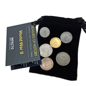 WW2 World Currency - 6 Nazi Coins Issued from 1936/45 - Third Reich WW2 Memorabilia - Axis Velvet Bag Collection