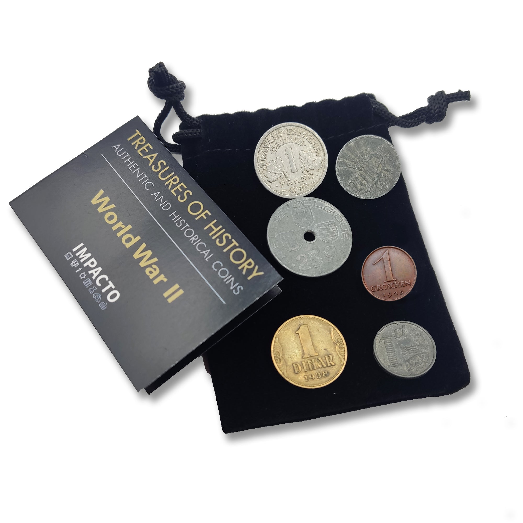 WW2 World Currency - 6 Coins Used During The World War 2 by The Germans in The Territories They Occupied (1925-1945). Special WW2 Memorabilia for Collector, Certificate of Authenticity Included.