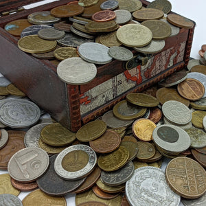 Coin Collection - Collectible Coins for Collectors - Treasure Chest with 2 Pounds (1 Kg.) of Rare Coins - World Currency Set - Decorative Wooden Box - Old Foreign Currency (COA Included)