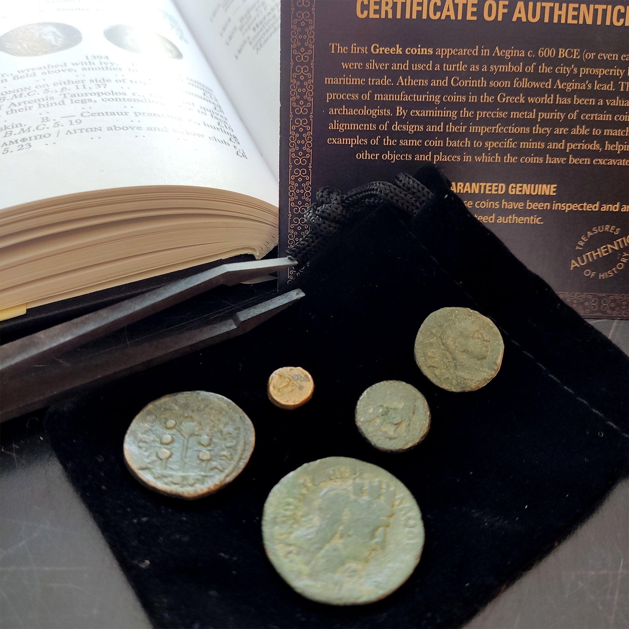 5 Authentic Greek Coins | Collection in a Velvet Bag