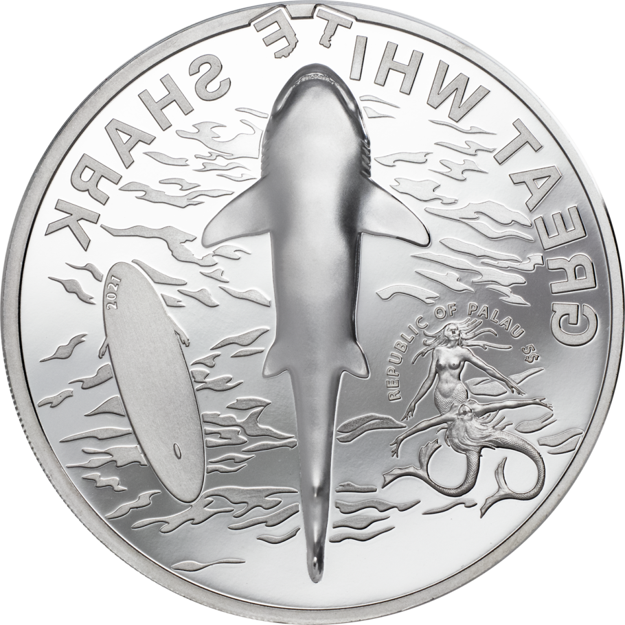 Palau, 5 dollars 2021. White Shark. 1 Oz. Silver