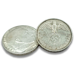 Authentic WW2 Memorabilia World Currency - One Nazi Coin of 2 German Marks Issued from 1936 to 1939 from The World War 2 - Third Reich