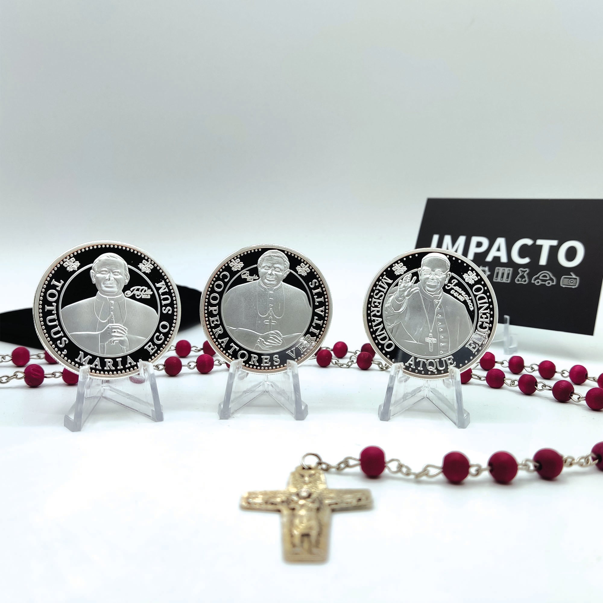 3 silver plated commemorative medals and rose scented rosary as a gift.