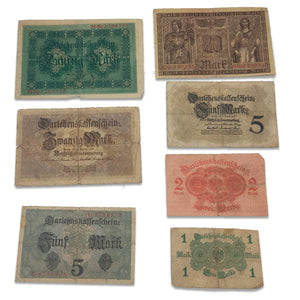 WWI German Empire Collection - 7 banknotes issued from 1914 to 1918. Certificate of Authenticity included