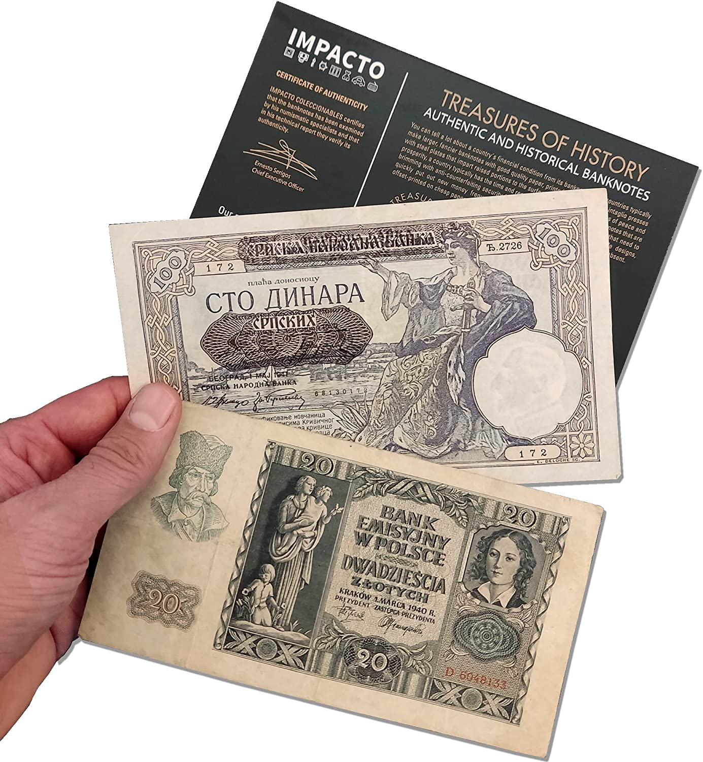 2 Banknoten, die während des Zweiten Weltkriegs von den Deutschen zur Invasion fremder Gebiete verwendet wurden (1939–1945) – das Invasionsgeld des Dritten Reichs, inklusive Echtheitszertifikat. 