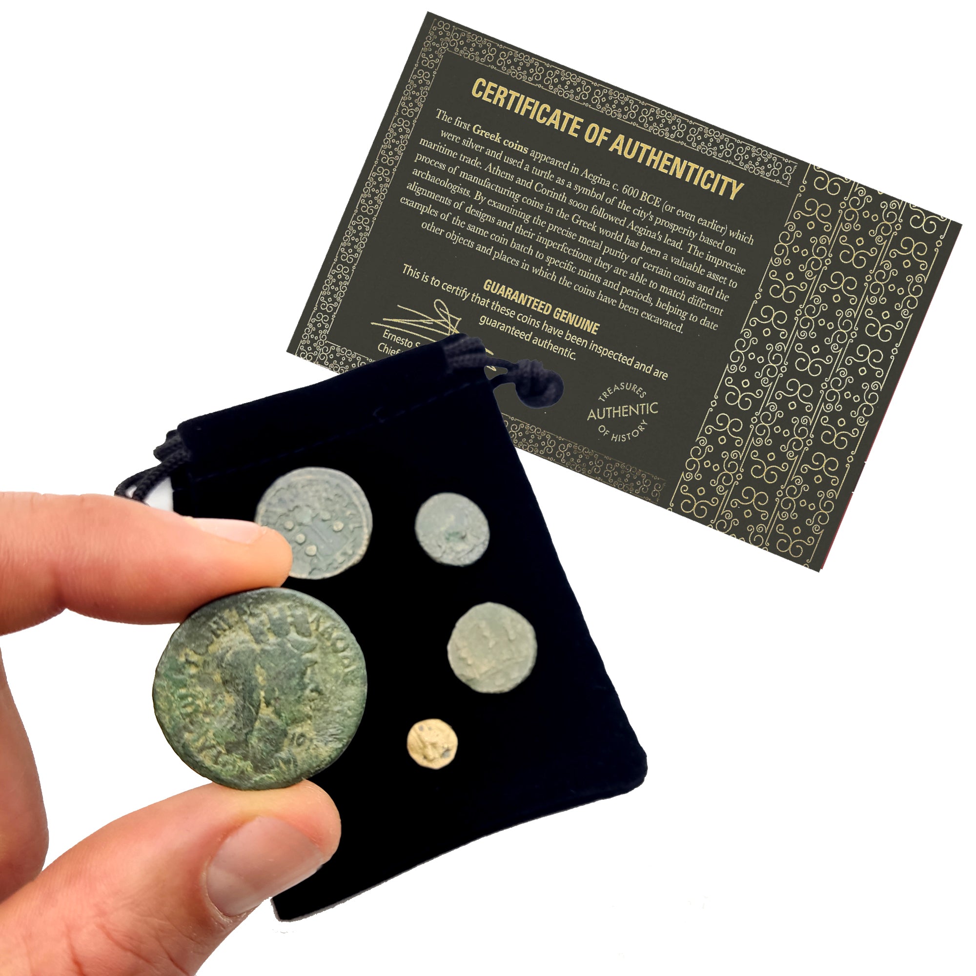 5 Authentic Greek Coins | Collection in a Velvet Bag