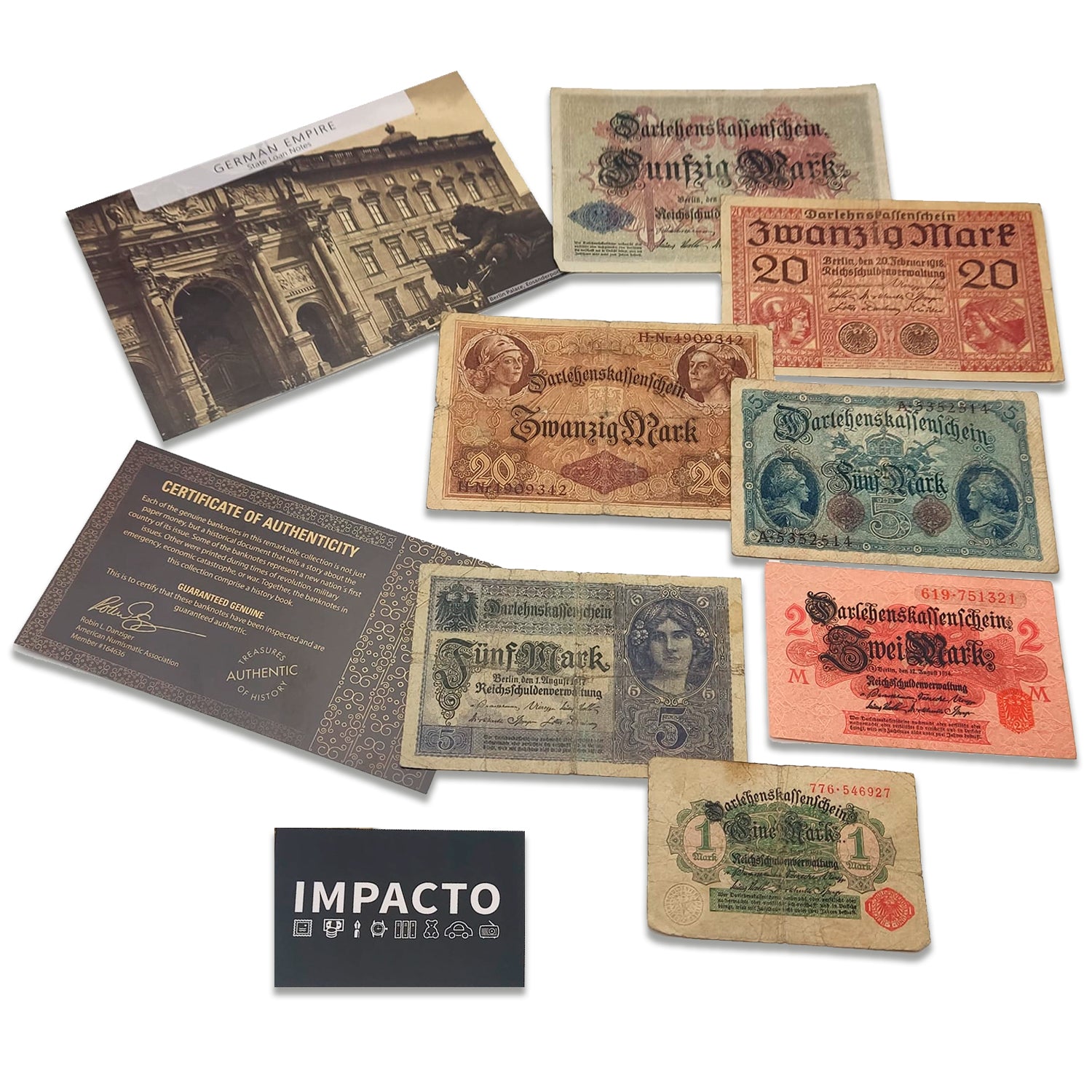 WWI German Empire Collection - 7 banknotes issued from 1914 to 1918. Certificate of Authenticity included