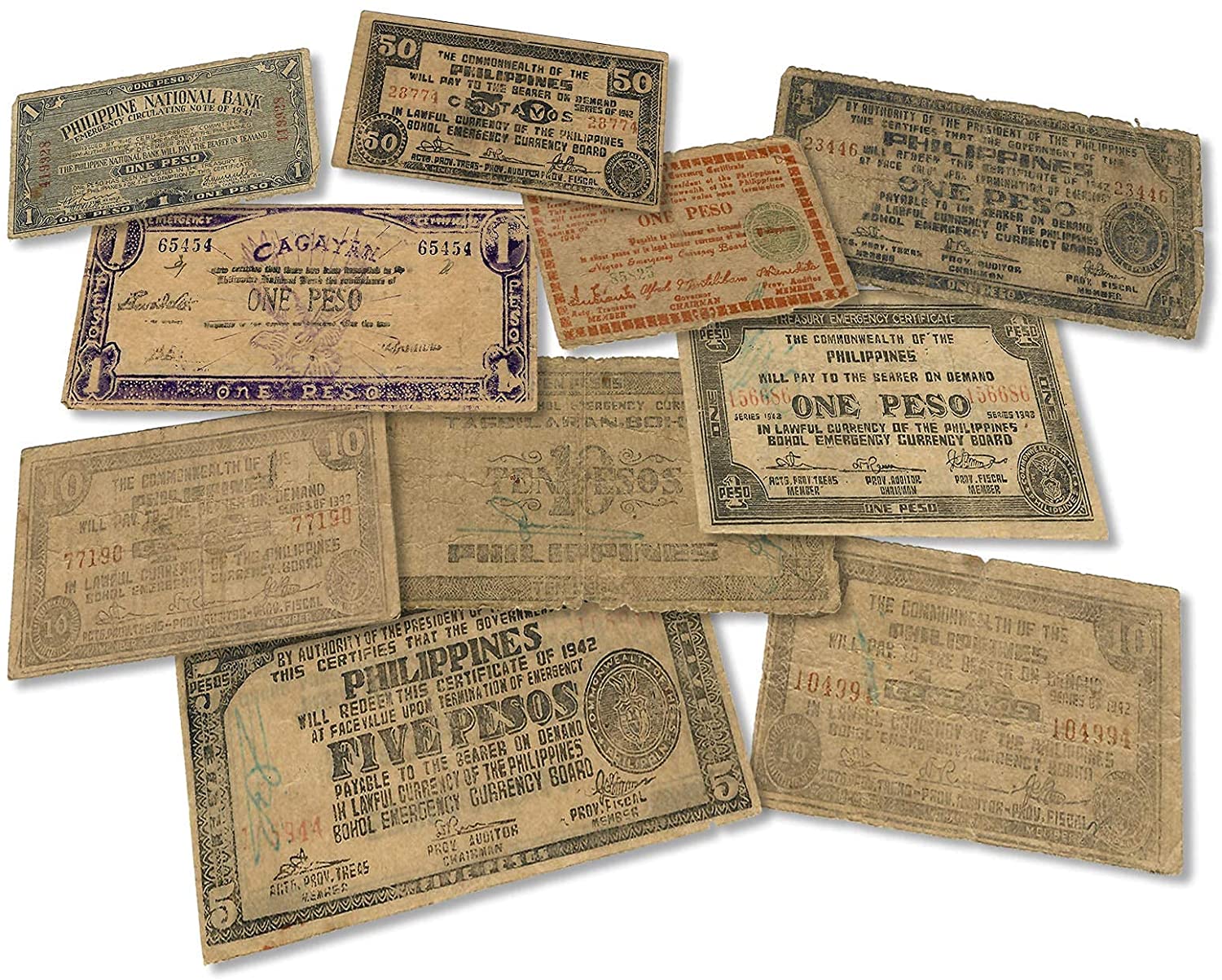 WW2 World Currency - 10 Banknotes Used During The World War 2 by The Guerrilla (Philippines 1941-1945) - The Death Sentence Money, Certificate of Authenticity