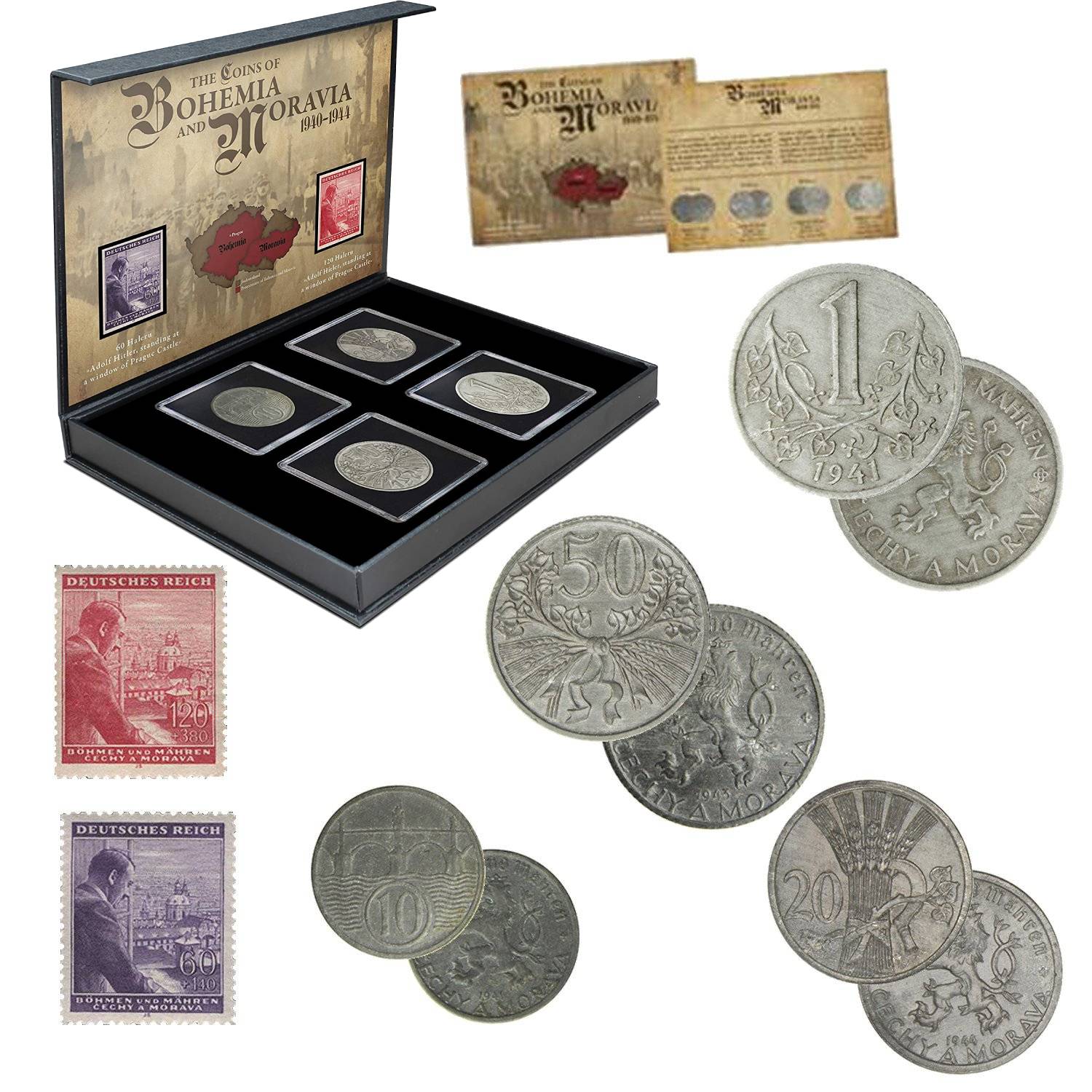 Zweiter Weltkrieg - 4 Münzen und 2 Briefmarken aus Böhmen und Mähren 1940-1944