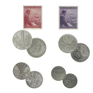 World War II - 4 coins and 2 stamps of Bohemia & Moravia 1940-1944