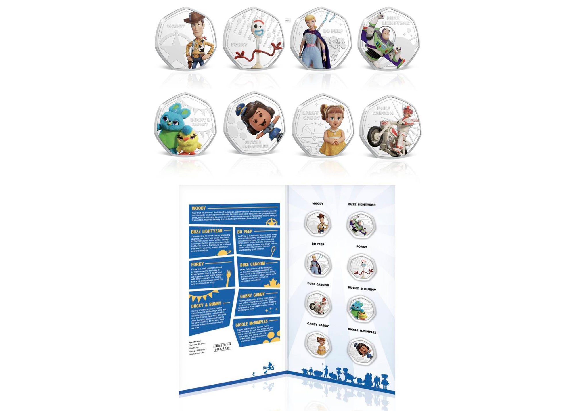 Colección Completa Toy Story / 8 Monedas bañadas en Plata .999