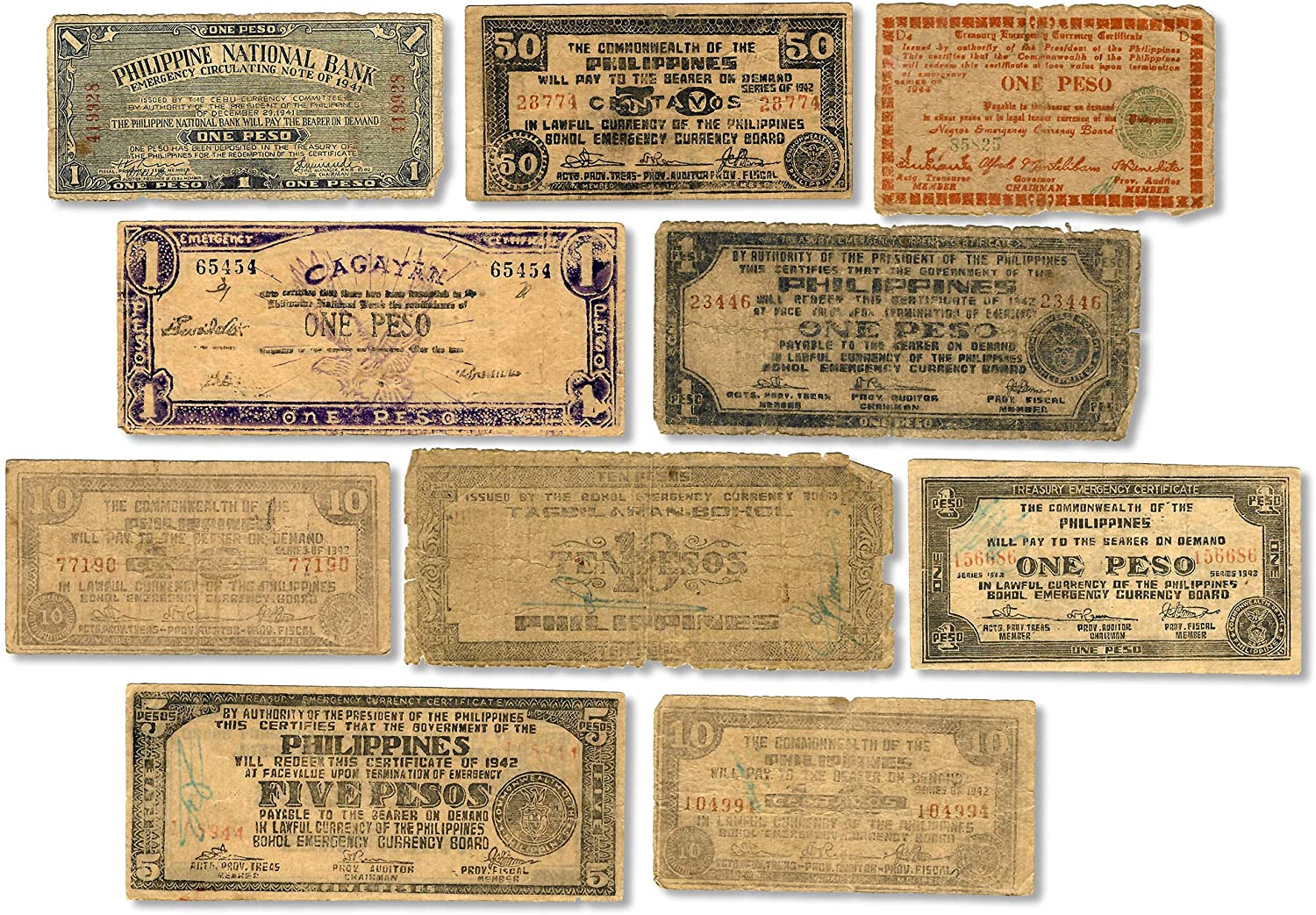 WW2 World Currency - 10 Banknotes Used During The World War 2 by The Guerrilla (Philippines 1941-1945) - The Death Sentence Money, Certificate of Authenticity