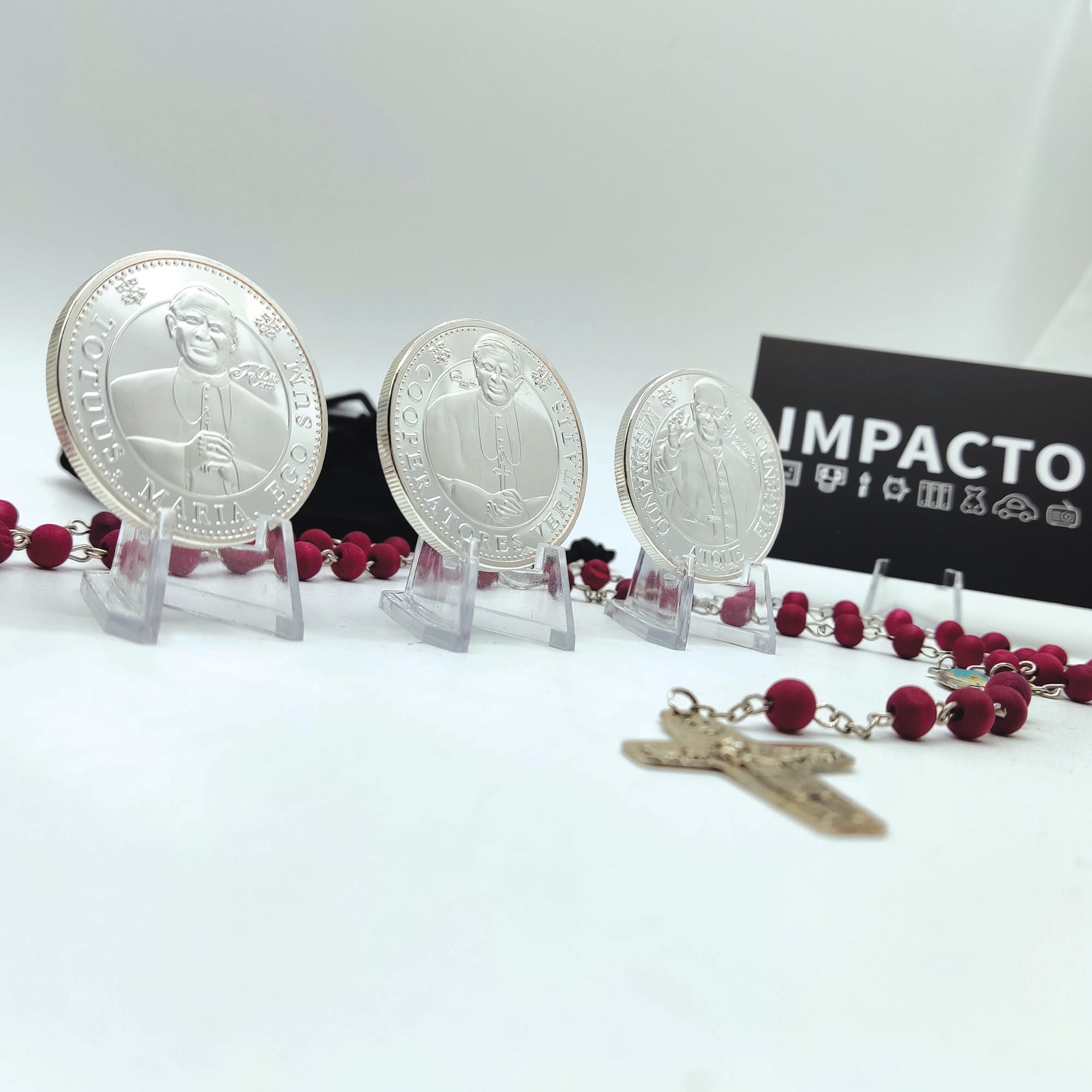3 silver plated commemorative medals and rose scented rosary as a gift.