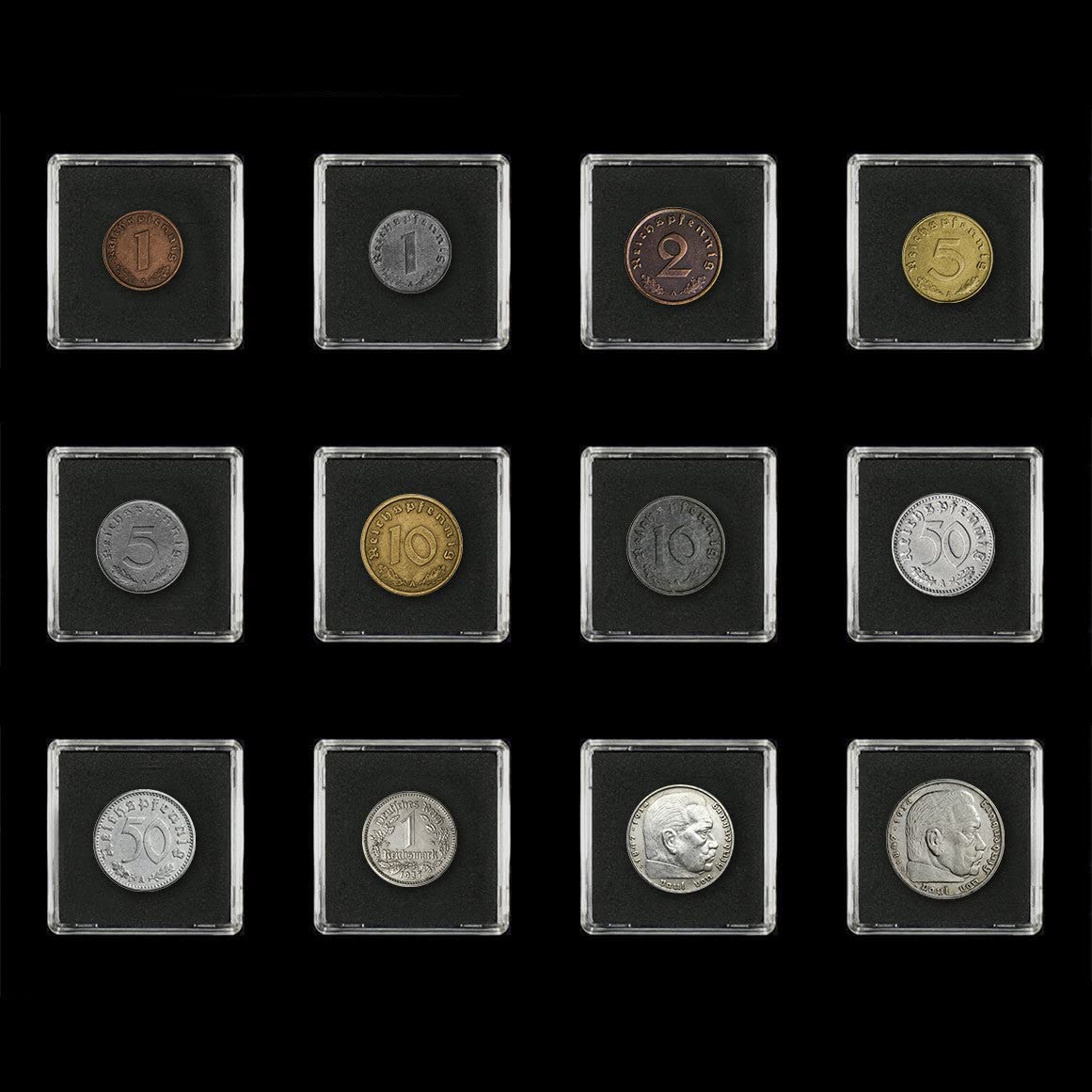 Weltwährung des 2. Weltkriegs – 12 echte Münzen + 2 Briefmarken, die im 2. Weltkrieg vom Dritten Reich 1939–1945 verwendet wurden 