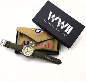 WW2 Military Watch – Vintage USAAF Watch White, Swiss-Quartz Movement with Canvas strap and leather lining, 10 ATM Water Resistant. The Perfect WW2 Memorabilia. Mens Watches for Ever