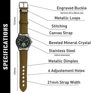 WW2 Military Watch – Vintage USAAF Watch Black, Swiss-Quartz Movement with Canvas strap and leather lining, 10 ATM Water Resistant. The Perfect WW2 Memorabilia. Mens Watches for Ever