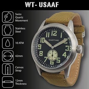 WW2 Military Watch – Vintage USAAF Watch Black, Swiss-Quartz Movement with Canvas strap and leather lining, 10 ATM Water Resistant. The Perfect WW2 Memorabilia. Mens Watches for Ever