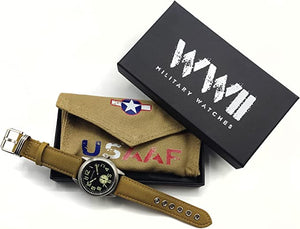 WW2 Military Watch – Vintage USAAF Watch Black, Swiss-Quartz Movement with Canvas strap and leather lining, 10 ATM Water Resistant. The Perfect WW2 Memorabilia. Mens Watches for Ever