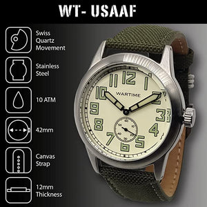 WW2 Military Watch – Vintage USAAF Watch White, Swiss-Quartz Movement with Canvas strap and leather lining, 10 ATM Water Resistant. The Perfect WW2 Memorabilia. Mens Watches for Ever