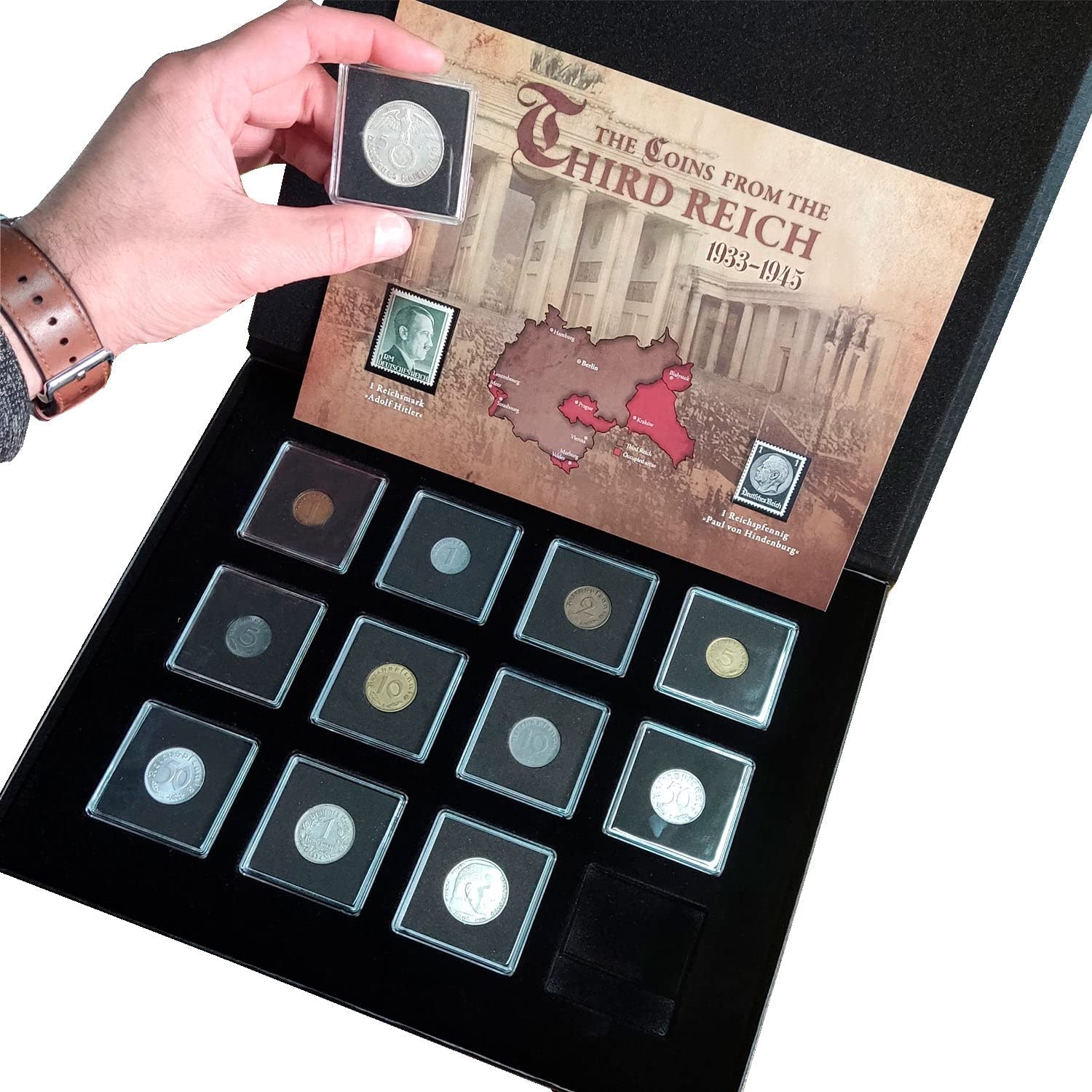 WW2 World Currency - 12 Authentic Coins + 2 Stamps Used During World War 2 by The Third Reich 1939-1945