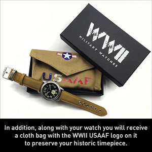 WW2 Military Watch – Vintage USAAF Watch Black, Swiss-Quartz Movement with Canvas strap and leather lining, 10 ATM Water Resistant. The Perfect WW2 Memorabilia. Mens Watches for Ever