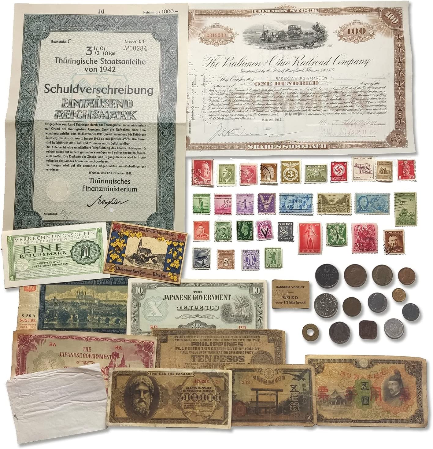 WW2 World Currency – 57 Original Allied & Axis Powers Banknotes, Coins, Stamps and Bonds + Album to Build Your Foreign Currency Collection - Coin Collection Supplies and Certificate of Authenticity