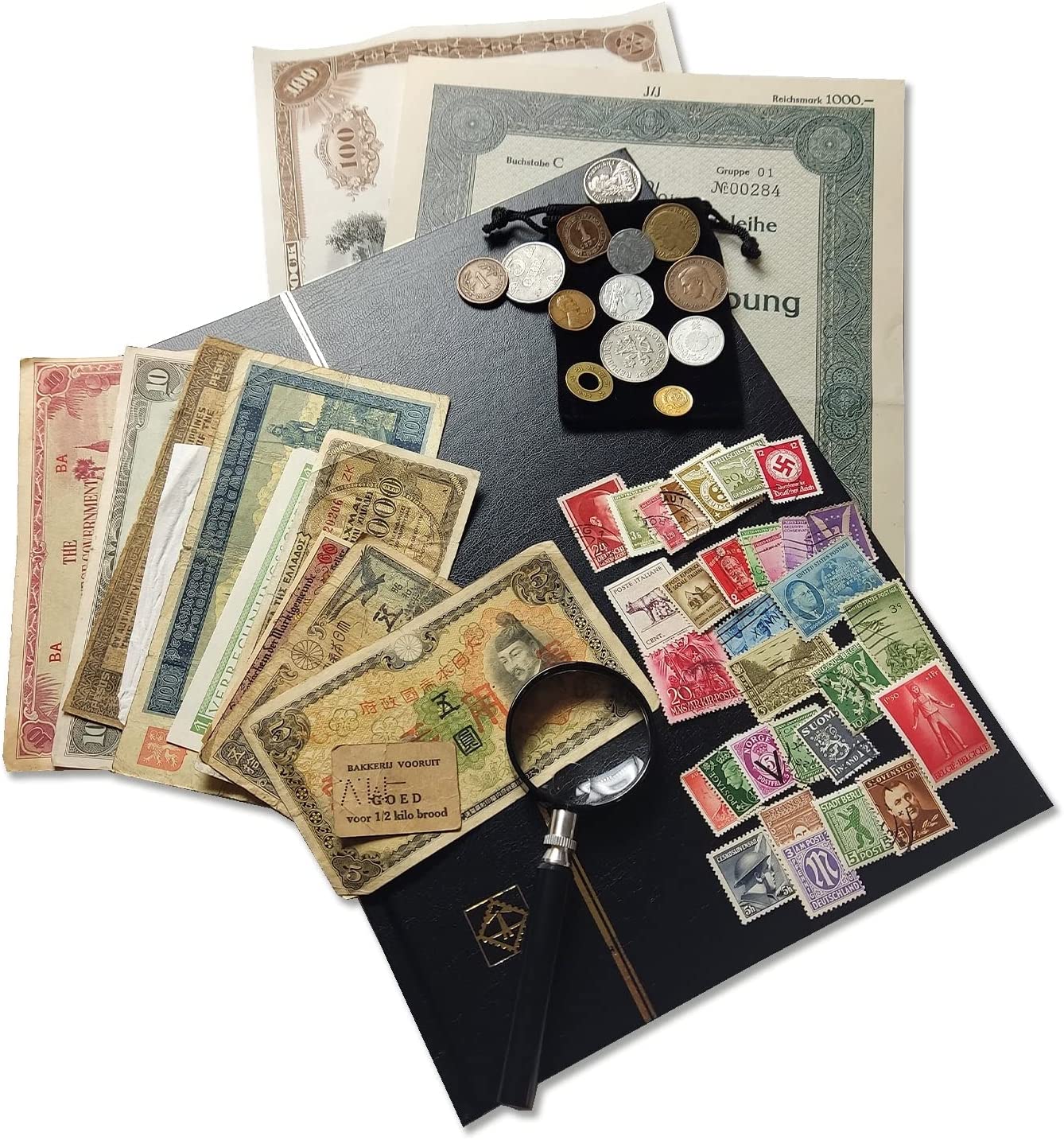 WW2 World Currency – 57 Original Allied & Axis Powers Banknotes, Coins, Stamps and Bonds + Album to Build Your Foreign Currency Collection - Coin Collection Supplies and Certificate of Authenticity