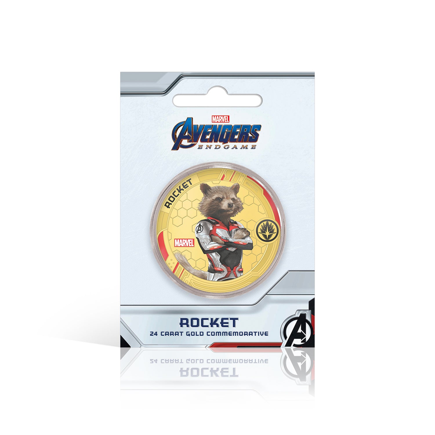Marvel Los Vengadores Endgame, Rocket - Moneda / Medalla conmemorativa acuñada con baño en Oro 24 quilates y coloreada a 4 colores - 44mm