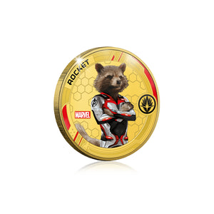 Marvel Los Vengadores Endgame, Rocket - Moneda / Medalla conmemorativa acuñada con baño en Oro 24 quilates y coloreada a 4 colores - 44mm
