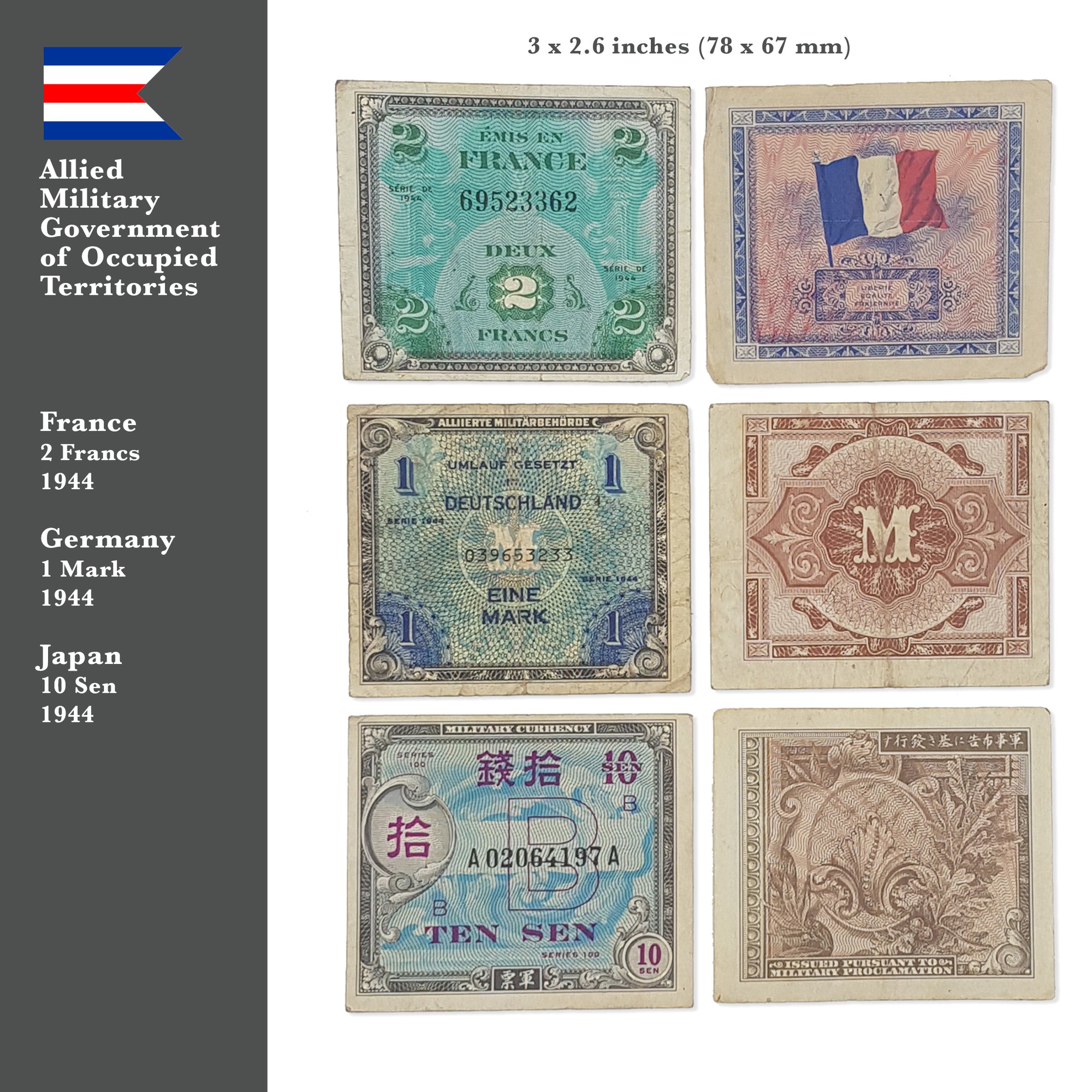 Allied Military Currency. Second World War - 3 banknotes from Germany, France and Japan, Allied Occupied Countries. Certificate of Authenticity Included