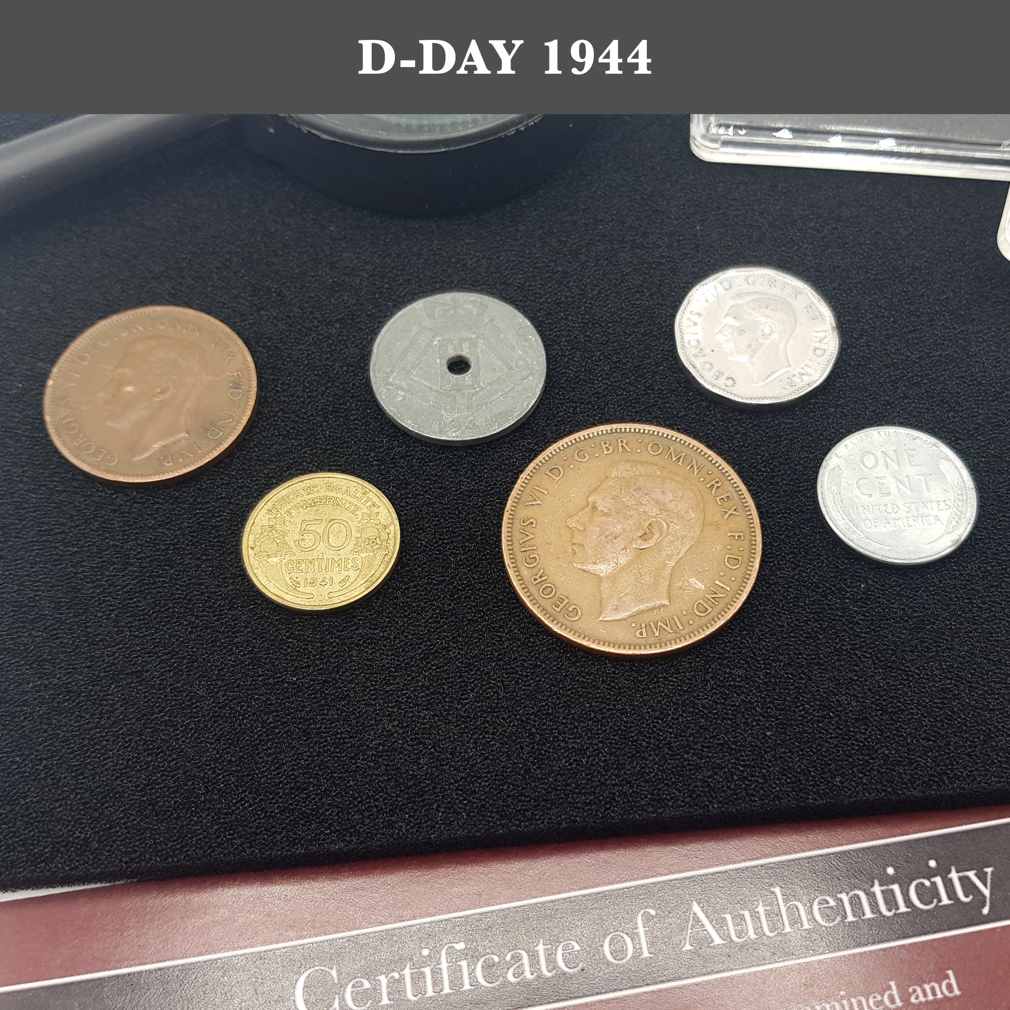 Weltwährung des 2. Weltkriegs – 6 Münzen aus dem 2. Weltkrieg, D-Day-Kollektion (1944). Besondere Erinnerungsstücke aus dem 2. Weltkrieg für Sammler, Echtheitszertifikat inklusive.