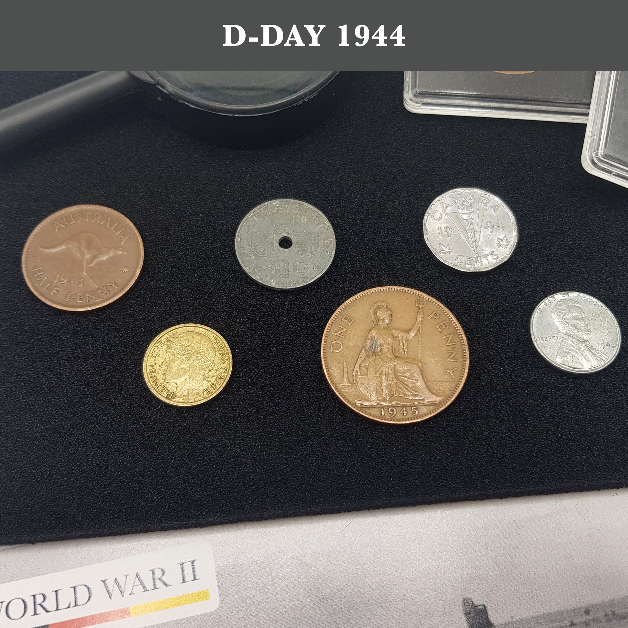 Weltwährung des 2. Weltkriegs – 6 Münzen aus dem 2. Weltkrieg, D-Day-Kollektion (1944). Besondere Erinnerungsstücke aus dem 2. Weltkrieg für Sammler, Echtheitszertifikat inklusive.