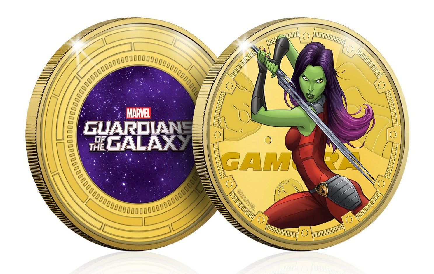 Marvel Guardianes de la Galaxia - Gamora - Moneda / Medalla conmemorativa acuñada con baño en Oro 24 quilates y coloreada a 4 colores - 44mm