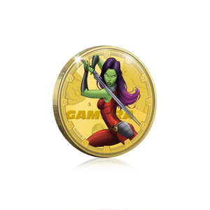 Marvel Guardianes de la Galaxia - Gamora - Moneda / Medalla conmemorativa acuñada con baño en Oro 24 quilates y coloreada a 4 colores - 44mm