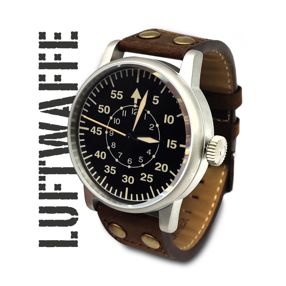 WW2 Military Watch Vintage Luftwaffe Watch Black Swiss Quartz Movement with Genuine Leather Strap and 10 ATM Water Resistant. The Perfect WW2