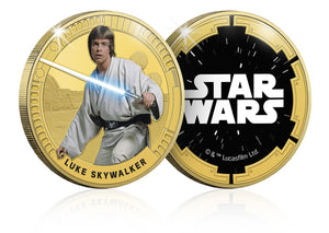 Star Wars Trilogía Original Episodios IV - VI - Luke Skywalker - Moneda / Medalla conmemorativa acuñada con baño en Oro 24 quilates y coloreada a 4 colores - 44mm