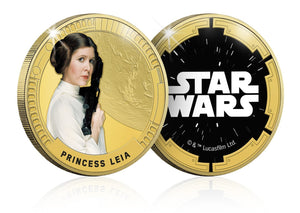 Star Wars Trilogía Original Episodios IV - VI - Princess Leia - Moneda / Medalla conmemorativa acuñada con baño en Oro 24 quilates y coloreada a 4 colores - 44mm