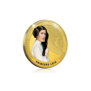 Star Wars Trilogía Original Episodios IV - VI - Princess Leia - Moneda / Medalla conmemorativa acuñada con baño en Oro 24 quilates y coloreada a 4 colores - 44mm