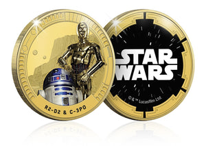 Star Wars Trilogía Original Episodios IV - VI - R2-D2 & C-3PO - Moneda / Medalla conmemorativa acuñada con baño en Oro 24 quilates y coloreada a 4 colores - 44mm