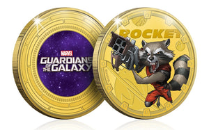 Marvel Guardianes de la Galaxia - Rocket - Moneda / Medalla conmemorativa acuñada con baño en Oro 24 quilates y coloreada a 4 colores - 44mm