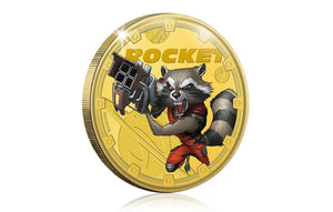 Marvel Guardianes de la Galaxia - Rocket - Moneda / Medalla conmemorativa acuñada con baño en Oro 24 quilates y coloreada a 4 colores - 44mm