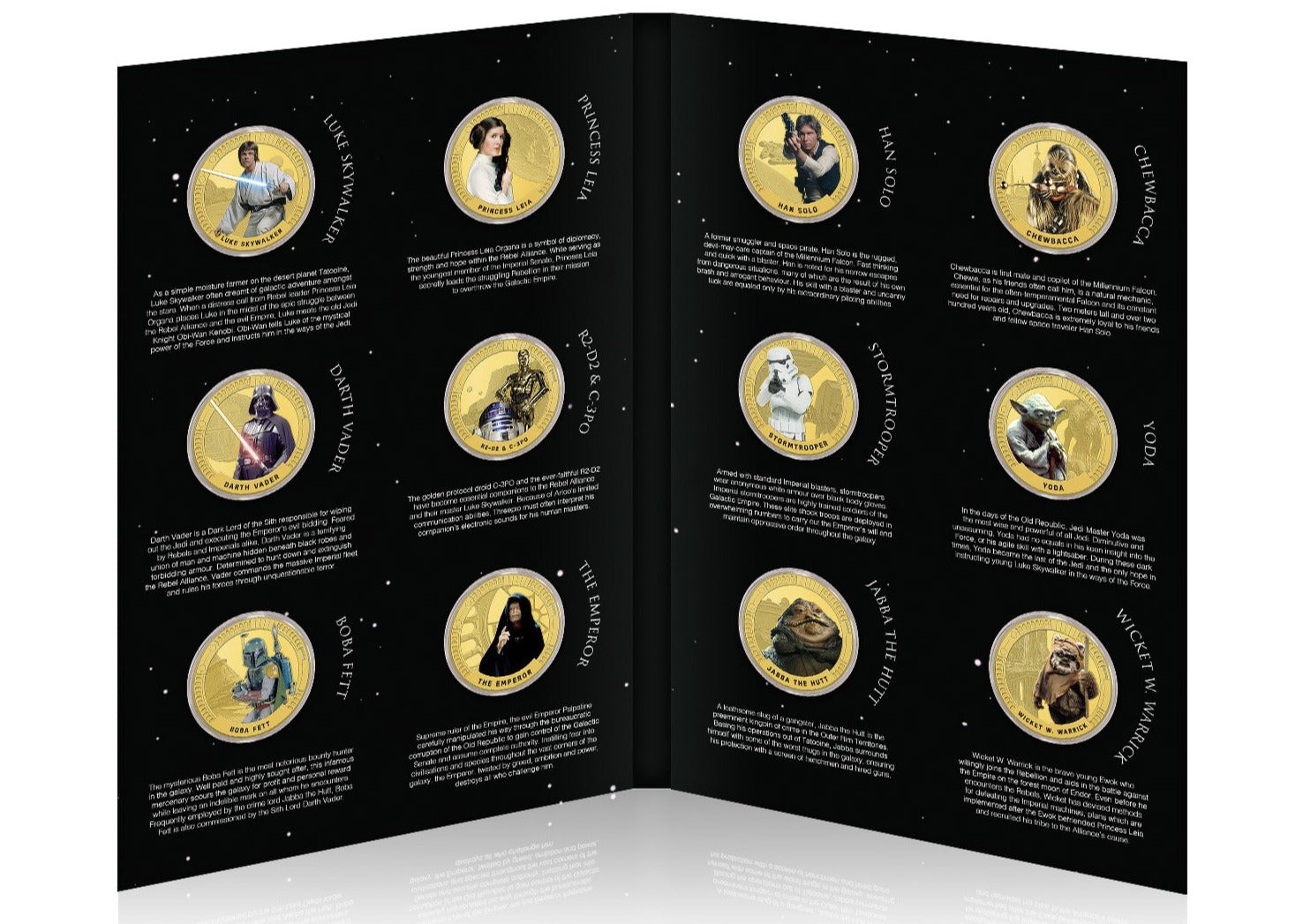 Star Wars Colección Completa Triología Original Episodios IV-VI - 12 Monedas / Medallas con baño en Oro 24 quilates y coloreadas a 4 colores - 44mm